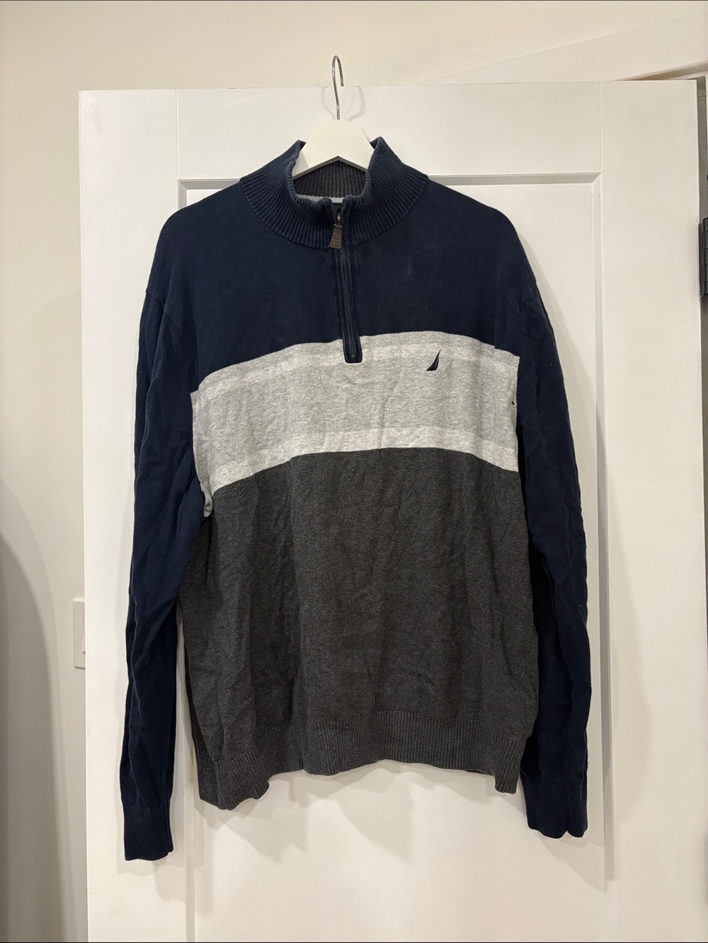 Nautica Men's Navy, Light Gray & Dark Gray Half-Zip Colorblock Sweater
